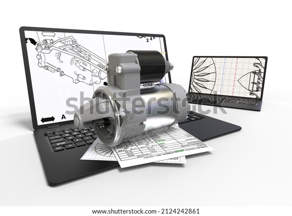 3D render image of a laptop with a \
starter motor representing Computer Aided\
Design