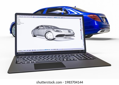 3D Render Image Of A Luxury Car With A A Laptop Representing Computer Aided Design In Automotive Design And Manufacturing