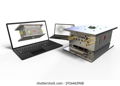 3D Render Image Of A Plastic Injection Mold Representing CAD Development 