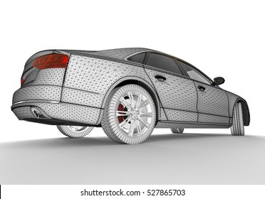 3D render image representing an car in virtual mesh/ Virtual Mesh car 