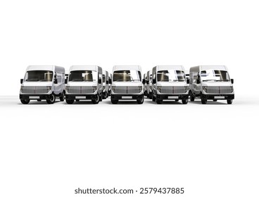 3D render image representing a fleet of delivery vans. cars fleet