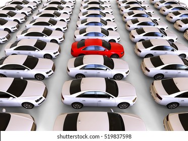 3D Render Image Representing A Fleet Of Cars With A Red One In The Middle / Unique Car 