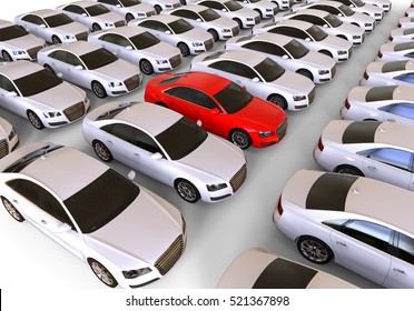 3D render image representing a fleet of cars with a red one in the middle / Unique car 