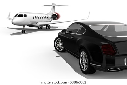 3D render image representing a luxury car with an private jet / Luxury life
