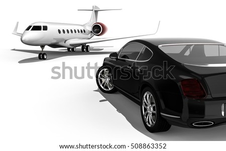 3D render image representing a luxury car with an private jet / Luxury life