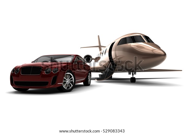 3D render image\
representing an private jet with a luxury car / Private jet with a\
Luxury Car