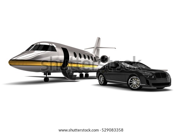 3D render image\
representing an private jet with a luxury car / Private jet with a\
Luxury Car