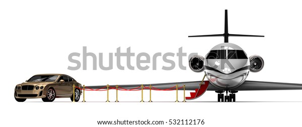 3D\
render image representing an red carpet with a private jet and a\
uxury car / Red carpet Private jet with a Luxury\
Car