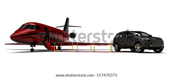 3D\
render image representing an red carpet with a private jet and a\
uxury car / Red carpet Private jet with a Luxury\
Car