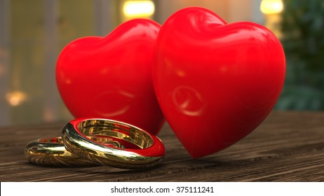 3D render image representing two Hearts and wedding rings / Love hearts with wedding rings
