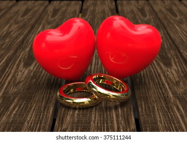 3D render image representing two Hearts and wedding rings / Love hearts with wedding rings
