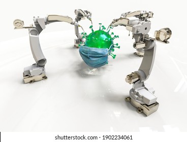 3D render image representing a virus being manipulated by robots and computers