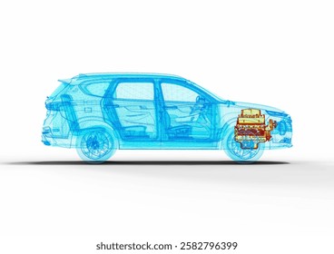 3D render image representing an xray of a car with an overheated engine