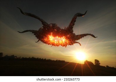 3d render image of ufo hovering over field