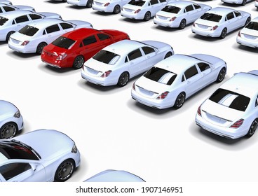 3D render image of a lot of white cars with one red in the middle representing be different concept