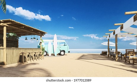 3d Render From Imagine Summer Beach Bar In The Sand With The Sea Relax Time For Party