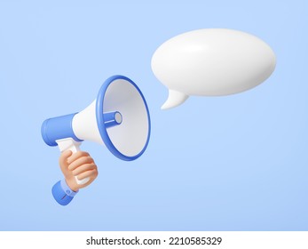 3d Render, Important Announcement, Message Concept With Megaphone In Hand And Speech Bubble. Icon For Social Media, Design Element On Blue Background, Isolated Illustration In Cartoon. 3D Illustration