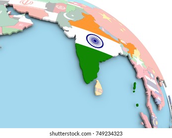3D render of India with flag on bright globe. 3D illustration.