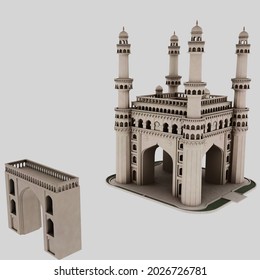 3D render of Indian monument Charminar located in Hyderabad.