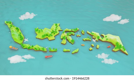 3d Render Indonesian Map With Green And Blue Color