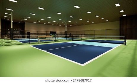 3D render of an indoor pickleball court with a blue and green color scheme for a sports facility illustration - Powered by Shutterstock