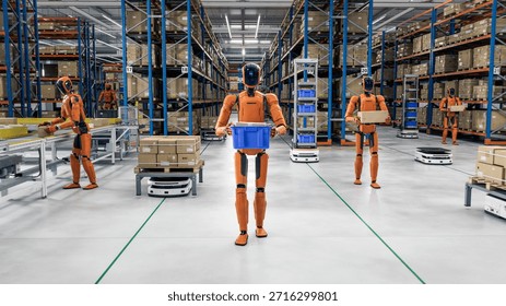 3D Render: Industrial Autonomous AI-Enabled General Purpose Humanoid Robots Working at Distribution Center. Automated Fulfillment Warehouse. Industrial Automation with Artificial Intelligence
