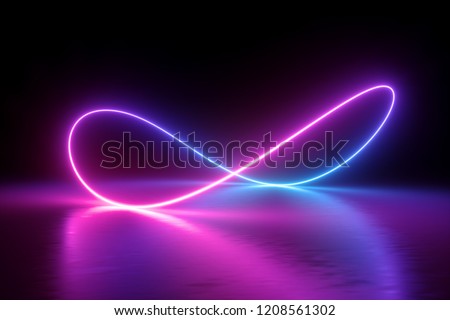 3d render, infinity symbol, neon light, loop, ultraviolet spectrum, quantum energy, pink blue violet glowing line, string, abstract background