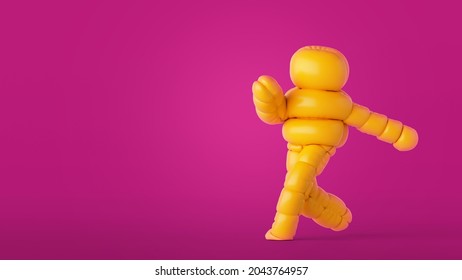 3d Render, Inflatable Cartoon Character Walking Or Dancing Active Pose. Funny Mascot Isolated On Pink Background, Wearing Halloween Costume