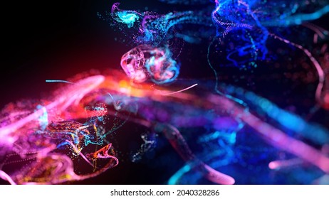 3d render. Injection of fluorescent ink in water isolated on black background. Glow particles or sparks like shiny magic spell. Fantastic background for festive event. Blue red purple mix