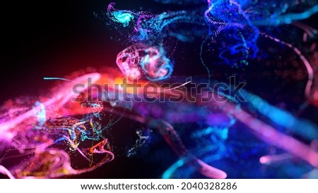 3d render. Injection of fluorescent ink in water isolated on black background. Glow particles or sparks like shiny magic spell. Fantastic background for festive event. Blue red purple mix