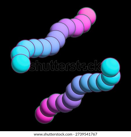 A 3D render of interconnected spheres transitioning through vibrant blue, purple, and pink hues against a stark black backdrop.