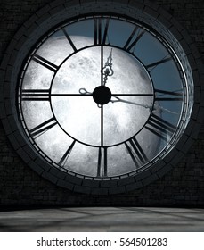 A 3D render of the interior of the attic room behind an antique tower clock backlit and illuminated by a full moon at night