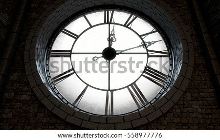 A 3D render of the interior of the attic room behind an antique tower clock backlit and illuminated by the sun 