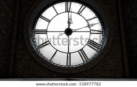 A 3D render of the interior of the attic room behind an antique tower clock backlit and illuminated by the sun 