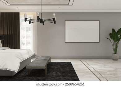 3d render of interior design luxury bedroom, classic modern style. White marble floor, gray wall and white ceiling. Set 10