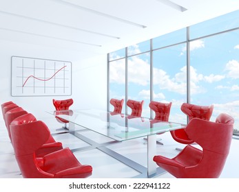 3d Render Of Interior. Large White Meeting Room With Wiev To Sky