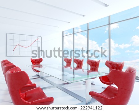 3d render of interior. Large white meeting room with wiev to sky
