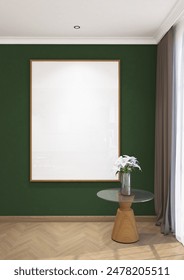 3d render of interior minimal design frame mock up with coffee table side the window corner. Wood parquet floor, green wall and white ceiling. Set 3