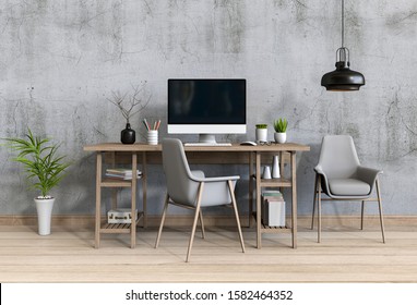 3D render of interior modern living room workspace with desk and desktop computer 