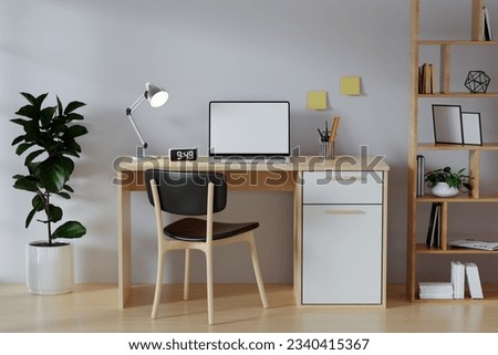 3D render of interior modern living room workspace with desk and desktop computer. Home office is a safe place to work..