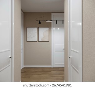 3D render of the interior of a narrow corridor in an apartment with white doors, empty picture frames and a black lamp.