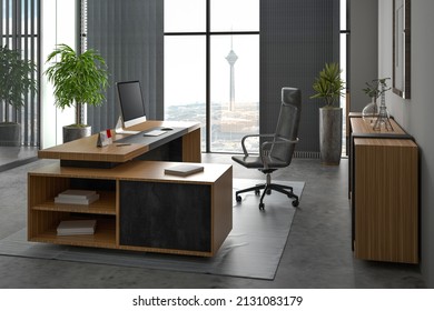 3D render interior office room . Office desks and office chairs .