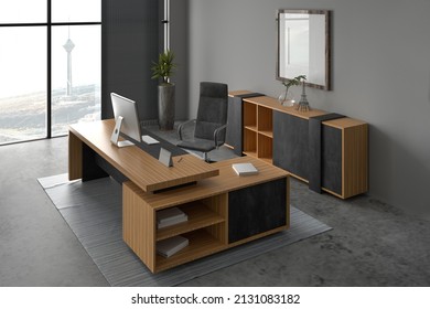 3D render interior office room . Office desks and office chairs .