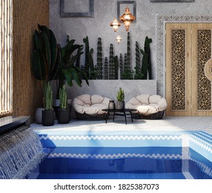 3d render. Interior of the pool indoors in oriental style. Spa complex. Swimming pool lined with blue ceramic tiles.