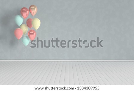 3d render interior with realistic pastel colored and rose gold balloons in the room. Empty space for party, promotion social media banners, posters.