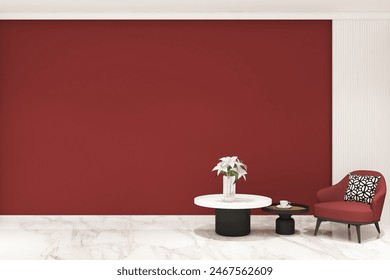 3d render interior of red wall mock up with round coffee tables, wood panel and red armchair. Minimal luxury