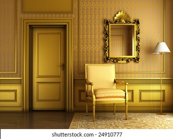 3D Render Of Interior Scene Of Luxury Palace Living-room With Lots Of Golden Molding And Furniture