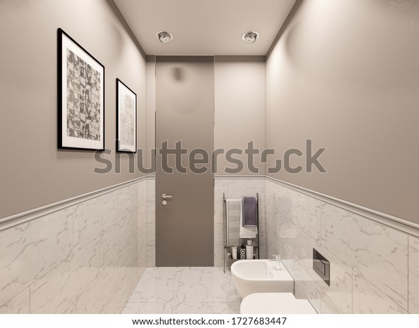 3dレンダリング 個人の離れ家のトイレの内部 伝統的な現代アメリカ風のトイレ内装デザインイラスト 浴室のデザイン のイラスト素材