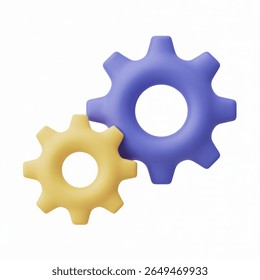 3D render of interlocking yellow and blue gears on white background. Represents teamwork, technology, mechanical processes, industry, and collaboration.