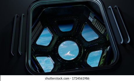 3d Render Of International Space Station Interior. Narrow Corridor Of ISS. Interior Of ISS Module Cupola.